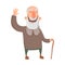 Smiling bearded old man with cane waves hand. Happy grey-haired elderly man greets you. Cartoon character vector