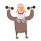 Smiling bearded old man with dumbbells. Active elderly man exercising. Cartoon character vector illustration. Isolated