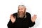 Smiling bearded Orthodox jewish man isolated on white background. Cheerful Jew with sidelocks in white yarmulke