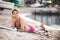 Smiling beautiful fit woman sunbathing in a shorts on a beach, enjoying summer holidays. Young woman lying on beach mat