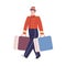 Smiling bellboy in retro uniform carries suitcases. Vector flat cartoon illustration of hotel staff's character at work