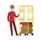 Smiling bellhop character wearing red double breasted uniform with luggage cart, hotel staff vector Illustration