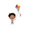 Smiling black boy with curly hair plays with kite isolated on white background