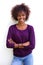 Smiling black woman standing against white background