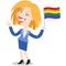 Smiling blond caucasian cartoon business woman waving rainbow lgbt flag celebrating gay pride