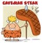 Smiling Blonde Cave Woman Cartoon Mascot Character Holding A Spear With Big Grilled Steak