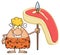 Smiling Blonde Cave Woman Cartoon Mascot Character Holding A Spear With Big Raw Steak