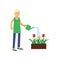 Smiling blonde woman cartoon character watering tulip flowers from watering can