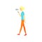 Smiling blonde woman character walking and typing text on her phone. Online dating service or website concept for promo