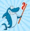 Smiling Blue Shark Cartoon Mascot Character Holding A Toothbrush With Paste