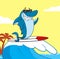 Smiling Blue Shark Cartoon Mascot Character With Sunglasses Surfing And Waving.