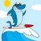 Smiling Blue Shark Cartoon Mascot Character With Sunglasses Surfing And Waving Over Wave
