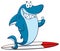 Smiling Blue Shark Cartoon Mascot Character Surfing And Holding A Thumb Up