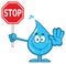 Smiling Blue Water Drop Cartoon Mascot Character Holding A Stop Sign