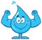 Smiling Blue Water Drop Cartoon Mascot Character Showing Muscle Arms