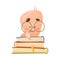 Smiling Bookworm Sitting on Pile of Books Smiling Vector Illustration. Wise Cartoon Creature Wearing Glasses