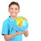 Smiling boy in casual holding globe in hands