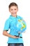 Smiling boy in casual holding globe in hands