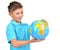 Smiling boy in casual holding globe in hands