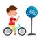 Smiling Boy Cycling Near Bicycle Road Sign Vector Illustration