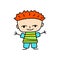 Smiling boy doodle illustration on white background. Happy boy with red hair in summer wear