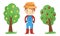 Smiling Boy Farmers Wearing Rubber Boots and Fruit Tree Vector Set