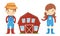 Smiling Boy and Girl Farmers Wearing Rubber Boots and Red Barn Vector Set