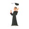 Smiling boy guy in graduation gown throwing cap up