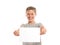 Smiling boy hold white blank paper