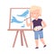 Smiling Boy Painting on Canvas, Little Artist Character Drawing Sea Waves Splashes on Easel with Paints Cartoon Style