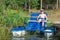 Smiling boy on a pedalo boat