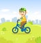 Smiling boy riding a bicycle in the city park. Sport and fitness. Cartoon vector flat illustration.