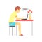 Smiling boy sitting at the table and chatting in love chat. Online dating service concept. Vector illustration in flat