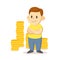 Smiling boy standing in fron of big pile of golden coins. Rich, lucky young man, cartoon character design. Flat vector