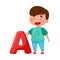 Smiling Boy Standing Near Big Alphabet A Letter Vector Illustration