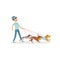 Smiling boy walking with group of different breeds dogs. Young volunteer at work. Cartoon kid character in blue jeans, t