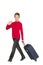 Smiling boy walking and waving hello holding travel bag