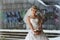 Smiling bride with bridal bouquet