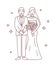 Smiling bride and groom drawn with contour lines on white background. Portrait of happy newlyweds standing together