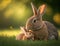 A smiling brown rabbit mother playing with her baby in an affectionate moment, blurred green grass background, generative AI