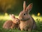 A smiling brown rabbit mother playing with her baby in an affectionate moment, blurred green grass background, generative AI