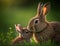 A smiling brown rabbit mother playing with her baby in an affectionate moment, blurred green grass background, generative AI