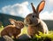 A smiling brown rabbit playing with her baby in an affectionate moment, blurred green grass and blue sky, generative AI