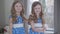 Smiling brunette Caucasian twin sisters in similar dotted blue dresses posing at home. Positive little sisters looking