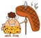 Smiling Brunette Cave Woman Cartoon Mascot Character Holding A Spear With Big Grilled Steak.