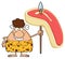 Smiling Brunette Cave Woman Cartoon Mascot Character Holding A Spear With Big Raw Steak