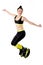 Smiling brunette girl jumping in a kangoo jumps shoes.