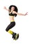Smiling brunette girl with long hair jumping in a kangoo jumps