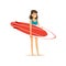 Smiling brunette girl standing on the beach with red surfboard, water extreme sport, summer vacation vector Illustration