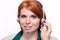 Smiling business woman callcenter agent operator isolated portrait